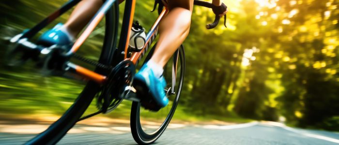 The excitement and adrenaline of a young woman cyclist in action with a close - up shot of her legs pedaling. Generative AI